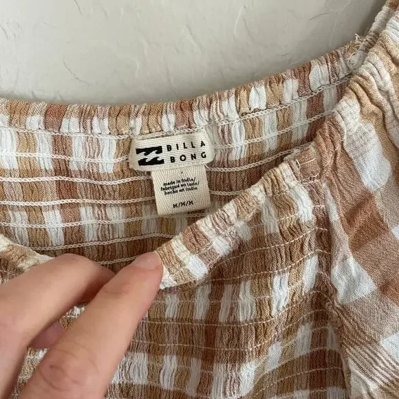 Billabong Paradise Days Checkered Plaid Smocked Neutral Mini Dress Womens Medium